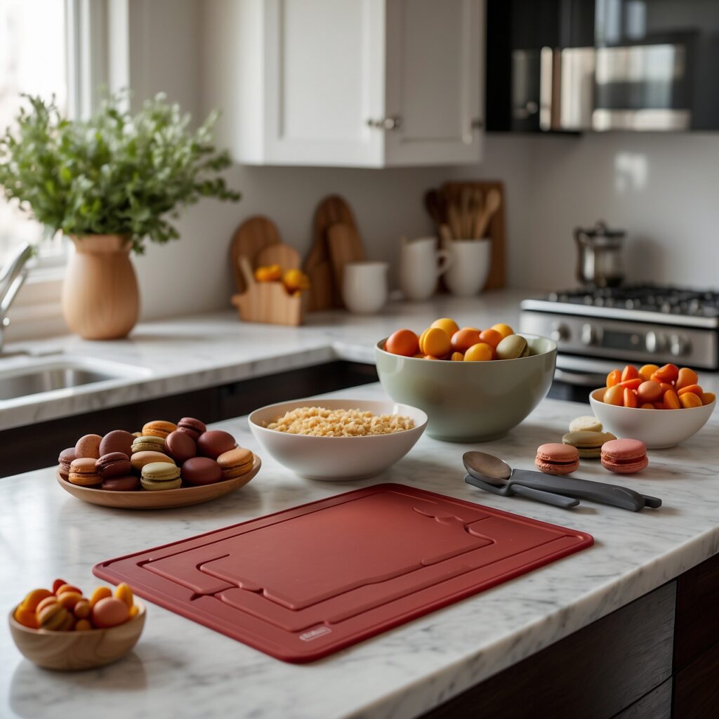 Silicone baking mat showcasing easy food release with baked macarons, cookies, and roasted vegetables. The mat's non-stick surface allows for healthier baking and versatile cooking methods, with built-in size markers for c