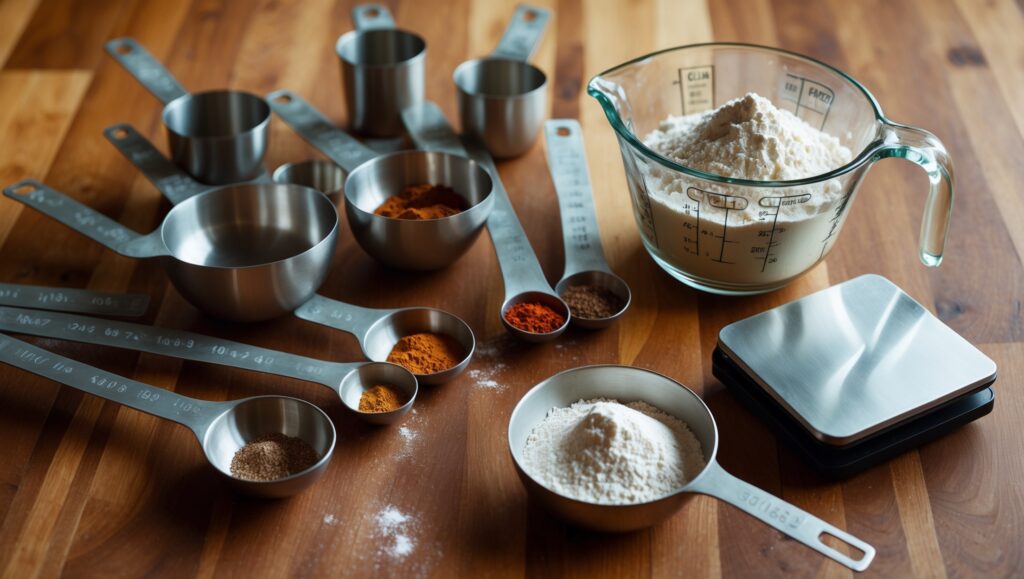 Stainless steel and glass measuring cups with measuring spoons on a wooden countertop, highlighting precision in baking.