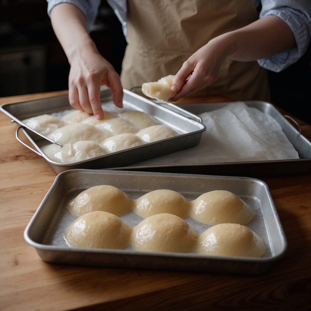 Three baking sheets being cleaned, soaked, and stored with care, highlighting the maintenance steps for optimal performance and longevity.