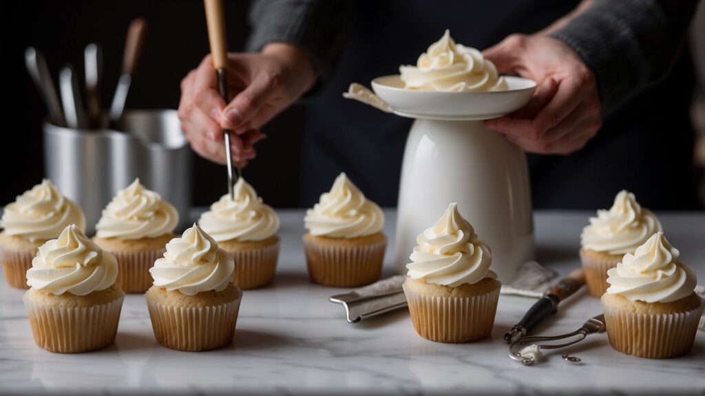 Three types of frosting beautifully piped on cupcakes with frosting tools placed around them.