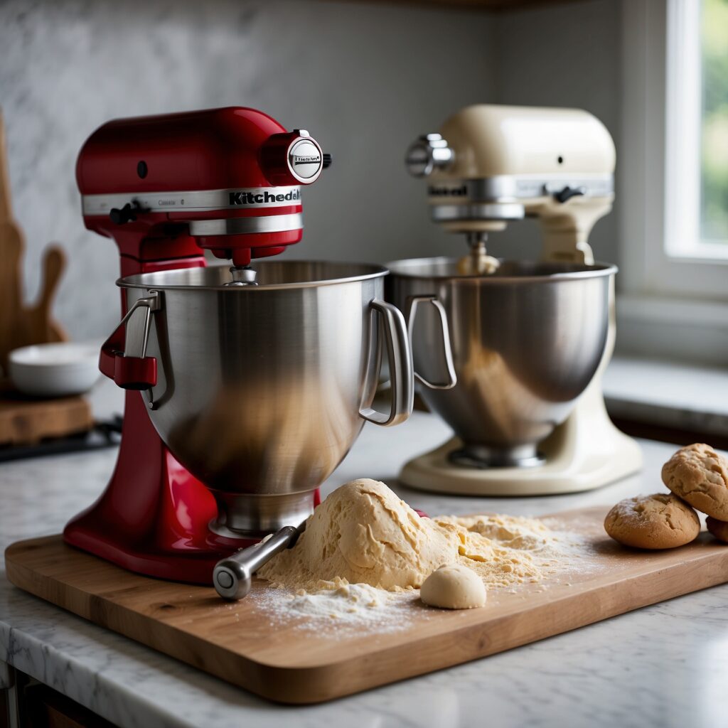 Two hand mixers on a kitchen countertop, with the KitchenAid KHM9212ER and Cuisinart HM-90S shown alongside cookie dough ingredients like butter, sugar, and flour, highlighting the mixers’ features.