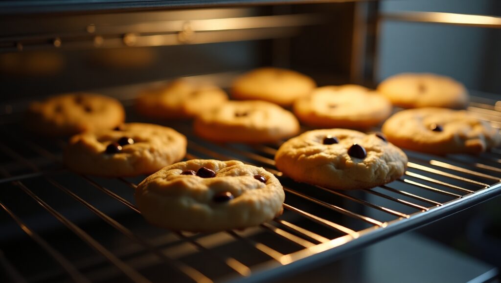Various baking racks with cookies cooling evenly, featuring open-grid designs for optimal airflow and crisp texture.