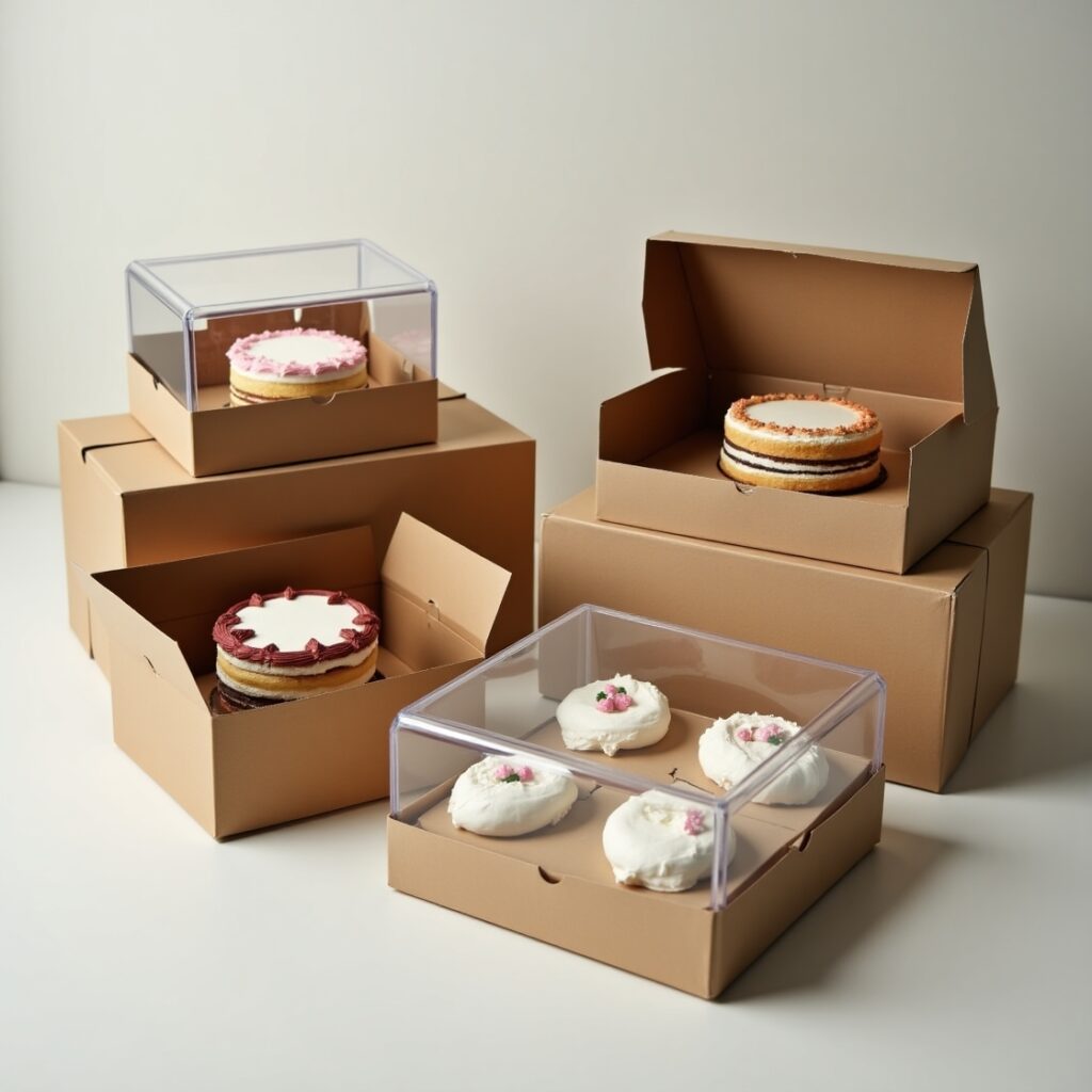 Various cake boxes, including cardboard, clear plastic, and eco-friendly options, displayed with cakes inside, highlighting secure lids and built-in supports.
