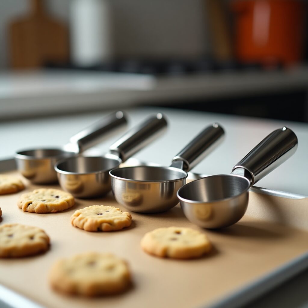 Various cookie scoops, including Solula, Norpro, and Wilton, displayed with cookie dough portions on a baking sheet, highlighting their different sizes and functionality.