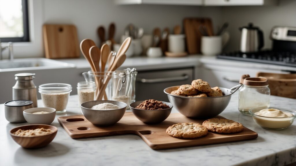 A beginner's baking toolkit including measuring cups, mixing bowls, a silicone spatula, a whisk, and a cookie sheet, neatly arranged on a kitchen counter for a successful baking experience.